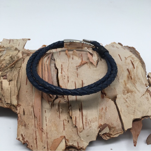 Men’s / Unisex Dark Blue Double Leather Bracelet Stainless Steel Hook Clasp - Picture 2 of 4
